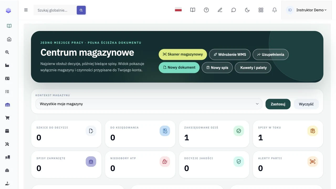 Centrum magazynowe E-OSP z dokumentami, partiami i alertami na danych syntetycznych
