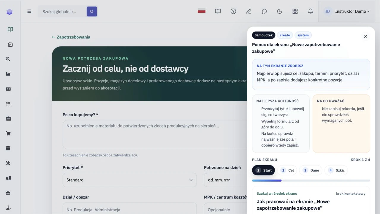 Samouczek E-OSP otwarty na formularzu zapotrzebowania, prezentujący cel, ostrzeżenia i cztery kroki procesu